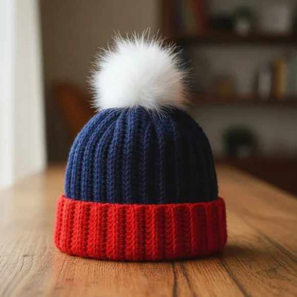 Winter Pom-Pom Beanie - Navy Red & White Football Fan Hat - 100% Acrylic New - Picture 2 of 6